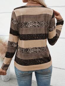 EMERY ROSE Women's Casual V-Neck Long Sleeve Striped Button T-Shirt With Random Print, Autumn Graphic Tees Women Tops For Spring - Multicolor - View 2