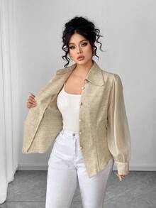 Elenzga Plus Size Women Fashion Elegant Waist Cinched Mesh Patchwork Slim Fit Blouse - Khaki - View 7