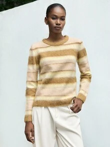 SHEIN X Jwoww Lumivelle Multi-Color Striped Patchwork Slim Fit Pullover Sweater, Autumn/Winter - Multicolor - View 3