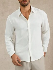 Manfinity Mode 男士休闲长袖衬衫，有领衬衫，商务休闲衬衫，纹理衬衫，奢华衬衫，优雅男士衬衫，秋季，男士商务休闲纯色纹理衬衫 - 常规版型，适合商务通勤、正式商务、休闲外出、日常聚会，非常适合秋季（分层/单独穿着），老钱风格 - 米色 - 查看 2