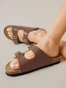 Solecia Women's Buckle Design Casual Thick Sole Flat Sandals - Brown - View 8