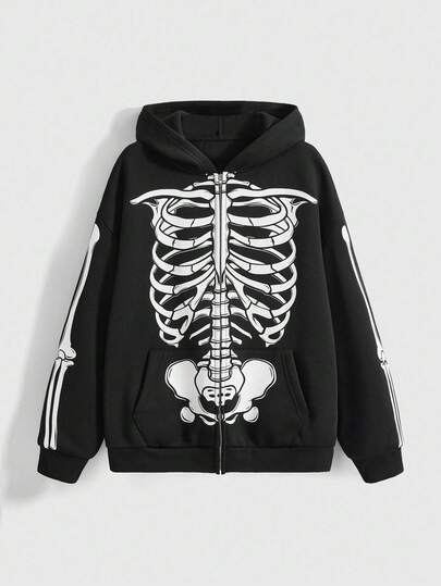 Goth Sudadera con capucha con estampado de esqueleto gótico, versátil para Halloween