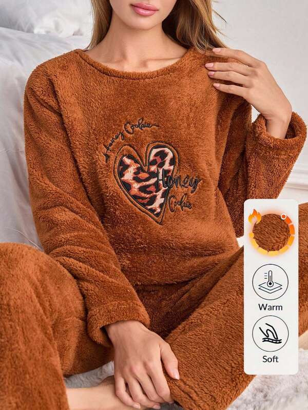 2pcs Women Leopard Print Heart Embroidered Fleece Long Sleeve Top And Pants Pajama Set Brown Pajama Sets For Women Cozy Sets Women Brown Pj Set Long Sleeve Lounge Set Fuzzy Pajama Set