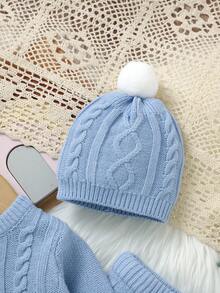 3pcs/Set Infant Cable Knit Sweater, Matching Pants And Hat, Blue Baby Boy Winter Clothes Baby Winter Outfit Toddler Knit Set Baby Blue Knitted Outfit Knit Baby Outfit Baby Boys Winter Clothes Baby Boys Fall Clothes Baby Boys Fall Outfits
