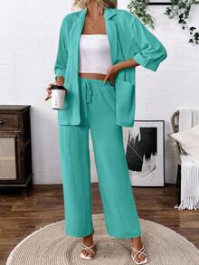 EMERY ROSE Women's Casual Linen-Like Blazer Suit Set - Blue - View 5