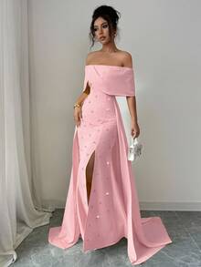 Elenzga 女士优雅露肩斗篷长裙，精致甜美的法式风格，适合初秋、返校、派对、教师装，黄色，S 型廓形，高开衩，鱼尾下摆 - 淺粉色 - 查看 6