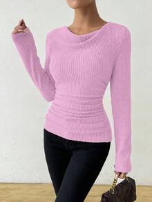 RosyDaze Vintage asymmetrisches drapiertes Hals strukturiertes gerüschtes figurbetontes Langarm T-Shirt Langarm Oberteil geripptes Oberteil Damen Langarm Oberteil figurbetontes Oberteil Schalkragen Oberteil - Pink - Übersicht 4