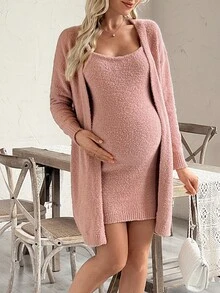 SHEIN Conjunto de vestido ajustado sin mangas y cárdigan para maternidad