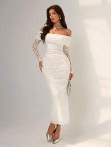 Almamuse 女士优雅露肩长袖蕾丝紧身连衣裙 - 白色 - 查看 3