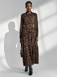 Almamuse Women's Leopard Print Loose V-Neck Tie-Up Long Sleeve Dress Fall Cloth For Women - Multicolor - View 7