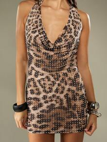 MISSGUIDED Rochie mini cu imprimeu leopard, decolteu halter, cu glugă în față, cu strasuri, încrețite, strălucitoare, fără mâneci, mulată, pentru petreceri, modă Y2K - Maro - Vizualizare 5