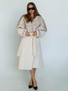 SHEIN ICON 秋冬女士仿毛领长袖时尚长款外套 - 米色 - 查看 3