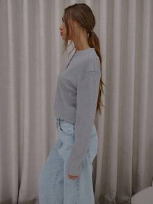 MUSERA Áo thun dáng rộng, cổ bấm, chất liệu gân, kiểu dáng thanh lịch, dễ thương, gợi cảm, thích hợp cho mùa thu, đi chơi đêm, kỳ nghỉ, xuân hè. - Xám - Xem 4