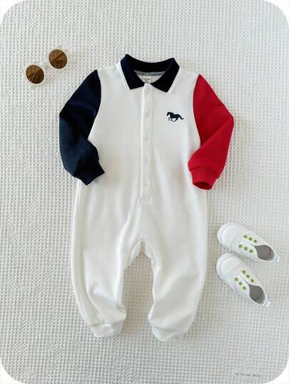 SHEIN 新生男宝宝可爱休闲针织红蓝拼接翻领长袖连体衣，适合生日派对、锐舞派对、晚宴、演出、婚礼、满月庆祝、洗礼和一周岁生日、婚礼宾客、迎婴派对等场合。婴儿运动服，拉链连体衣，复古男宝宝服装，秋冬季休闲连体衣。