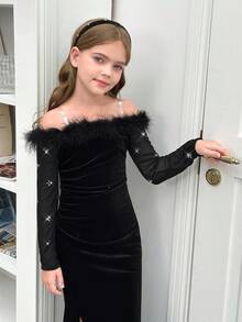 SHEIN Tween 女童修身优雅露肩蓬松饰边高开叉下摆长裙 - 黑色 - 查看 6