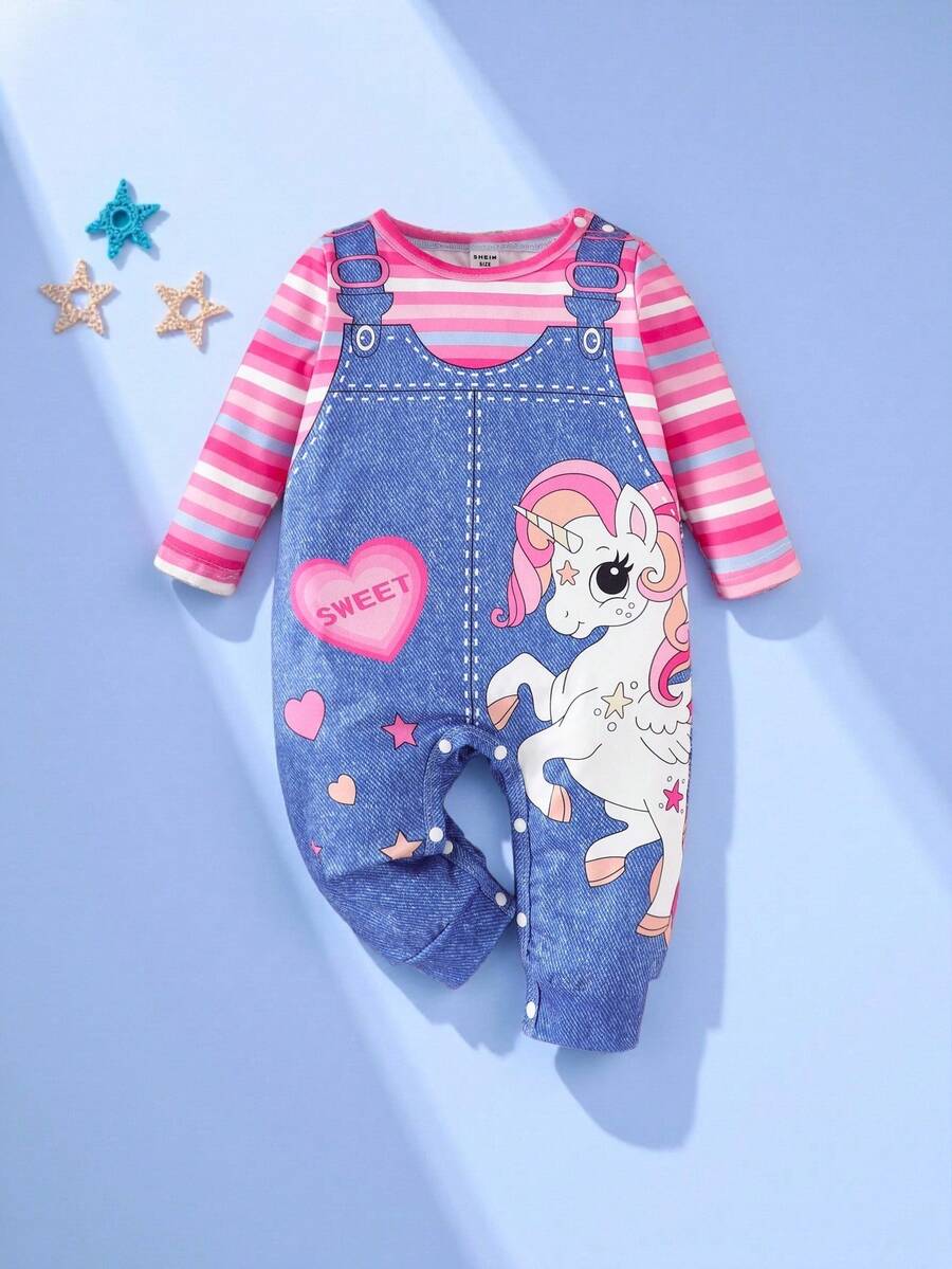 SHEIN Perso Play Baby Girl Casual Denim Effect Print & Striped Jumpsuit, Spring/Fall