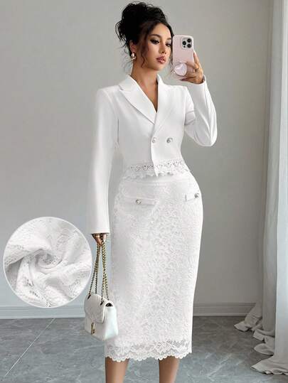 Modelyn Women's Suit Jacket With Contrast Lace & Button Decor + Lace Button Decor Midi Skirt, Elegant 2 Pieces Set