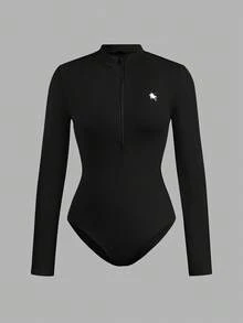 SHEIN EZwear 2件套黑色和深灰色女式小马印花拉链高领紧身连体衣套装 - 彩色 - 查看 3