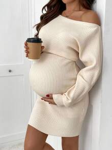 SHEIN 孕妇纯色蝙蝠袖修身针织连衣裙，秋季时尚