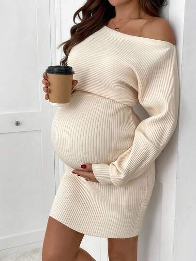 SHEIN Autumn And Winter Maternity Solid Color Batwing Sleeve Fitted Knit Dress, Fashionable For Autumn Pregnancy Dress Beige Maternity Dress Maternity Bodycon Dress Ribbed Maternity Dress Maternity Dress