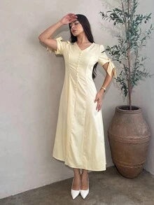 Andrea Bello Solid Color V-Neck Button Cuff Bowknot Elegant Women Long Dress - Yellow - View 4