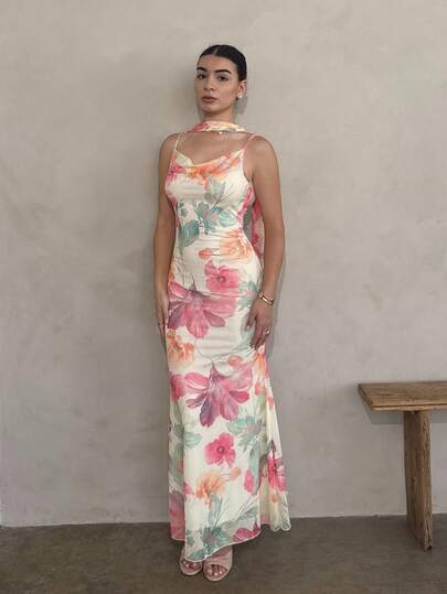 Andrea Bello Nuevo vestido con cuello drapeado sexy con espalda descubierta, estampado de malla con flores románticas y tirantes extra largos