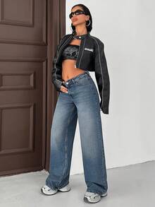 EURMUSE 女士口袋宽松阔腿休闲百搭牛仔裤 - 中等水洗藍 - 查看 3