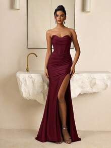 Vowa Olśniewająca, seksowna, bez ramiączek, dekolt w serek, zdobiona miseczkami biustonosza, dopasowana, obcisła sukienka maxi z rozcięciem w kształcie ryby, suknia wieczorowa