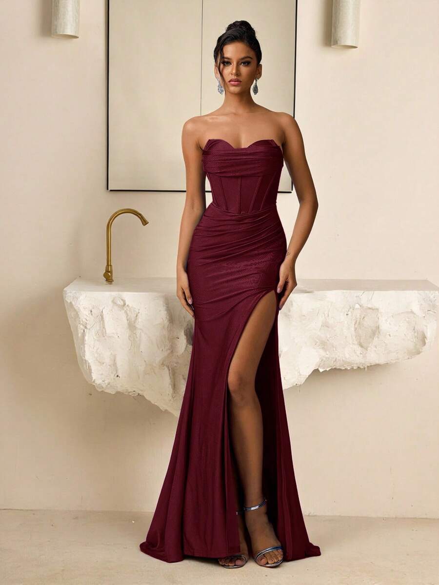 Vowa Olśniewająca, seksowna, bez ramiączek, dekolt w serek, zdobiona miseczkami biustonosza, dopasowana, obcisła sukienka maxi z rozcięciem w kształcie ryby, suknia wieczorowa