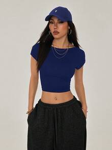 SHEIN PETITE 休闲纯色百搭小号黑色露背T恤，适合夏季 - 藏蓝色 - 查看 4