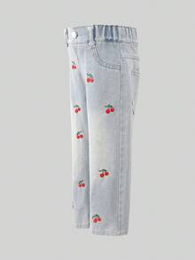 Young Girl Fashion Washed Cherry Embroidery Jeans Fall Winter