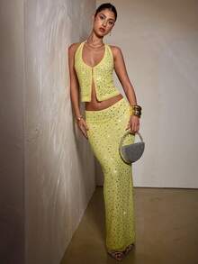 SHEIN BAE 女士优雅水晶装饰黄色露脐上衣，水钻上衣，夜店上衣，派对上衣 - 黃色 - 查看 1