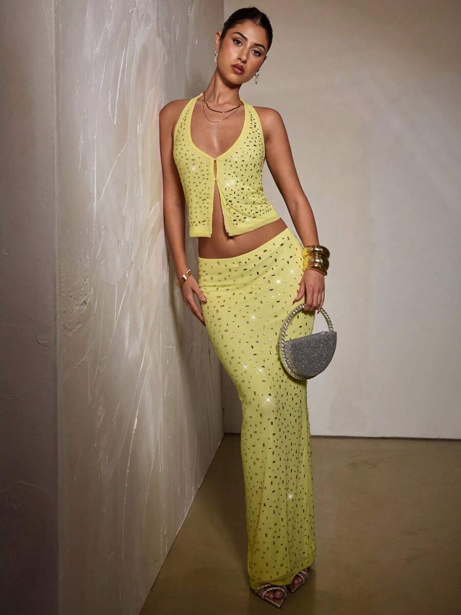 SHEIN BAE 女士优雅水晶装饰黄色露脐上衣，水钻上衣，夜店上衣，派对上衣 - 黃色 - 查看 1