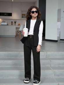 SHEIN 青少女3入組休閒無袖西裝外套，長袖上衣和長褲套裝