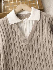 SHEIN 2 件套青少年女孩针织毛衣和裤子套装，时尚简约设计，秋冬 - 卡其色 - 查看 10