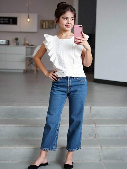 SHEIN Tween Girl 休闲优雅可爱提花针织背心，适合度假、休闲日常穿着