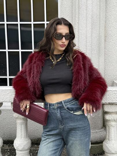 Firerie Abrigo corto de mujer elegante y minimalista de color burdeos de piel sintética, nueva chaqueta de otoño/invierno