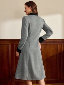 Vintamour 复古经典优雅女士常规款外套，秋冬修身撞色翻领外套，双排扣外套，金属纽扣外套，黑白长袖外套，提花大衣，秋冬女装，女士冬季服装，女士冬季外套，新年女装 - 黑與白 - 查看 2