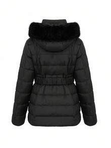 DAZY Women's Hooded Padded Coat With Fur Collar, Waist Cinched Winter Jacket - Black - View 9