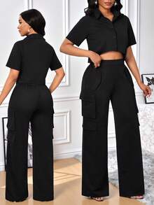 SHEIN Lady Women's Summer Fashion Solid Color Shirt & Cargo Pants 2 Pieces Set - Black - View 10