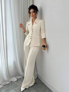 Elenzga 女士杏色厚面料V领西装外套设计黑色撞色纽扣假口袋教师制服优雅职业装，感恩节万圣节氛围，秋季新款时尚必备高端端庄长袖收腰宽松直筒裤两件套 - 杏色 - 查看 4