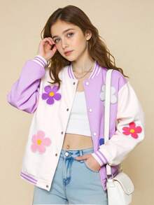 SHEIN Girls' Casual Colorful 3D Floral Contrast Color Baseball Jacket, Spring/Autumn Fall Winter - Purple - View 5