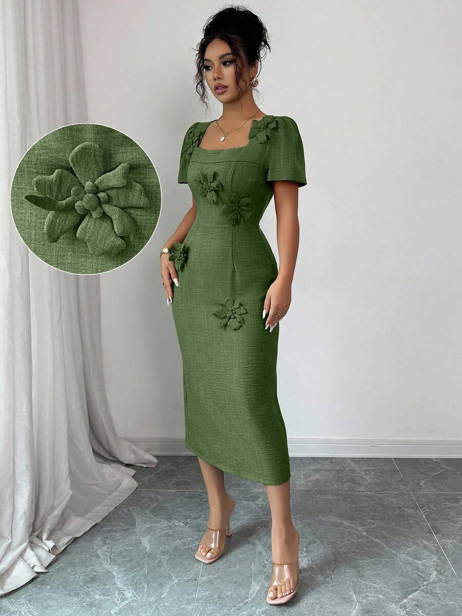 Elenzga Women's Elegant Commuter Solid Color 3D Floral Decor Mid-Length Dress - Army Green - View 1