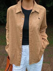 DAZY Locker geschnittenes Hemd mit besticktem Muster, Kentkragen, Langarm, Lässig Vintage Stil für Damen, Herbst/Winter - Braun - Übersicht 4