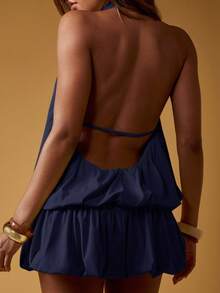 MISSGUIDED Vestido corto elegante sin espalda con cuello halter, volantes y dobladillo abullonado para fiestas de verano y eventos - Azul Marino - Ver 6