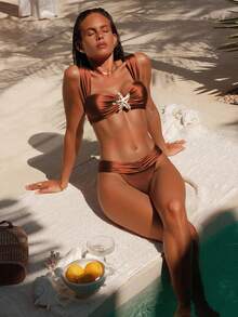 Swim Chiccia Women's Solid Color Thick Strap Metal Decor Holiday Swimwear Set - Brown - View 1