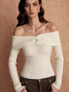 Rafferiza Elegant Off Shoulder Fitted Solid Color Sweater, Suitable For Commuting - Beige - View 6