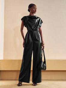 Zivah Black,Autumn,Elegant,Evening PU Jumpsuit,Women's Street Draped Neck Jumpsuit With Shoulder Pads Metal Decor Button,Western Style Versatile Party Wear - Black - View 1