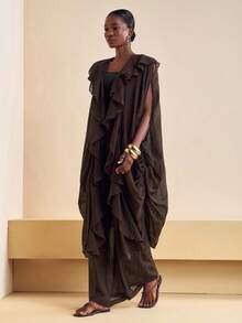 Zivah 2025秋季新品，适合生日派对、聚会、宴会、返校季、学院风、学生装、日常外出、基础百搭、休闲、邮轮旅行、时尚、街头服饰、优雅、通勤、商务休闲，宽松无袖侧开叉不对称下摆斗篷上衣搭配带口袋的阔腿裤，红棕色竖条纹纹理面料，女士两件套，秋季 - 鏽棕色 - 查看 6