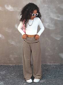 Coolane Kids Pantaloni de vară cu talie joasă, minimalisti, cu dungi, stil streetwear pentru fete preadolescente, casual, pentru purtare zilnică - cafea maro - Vizualizare 2